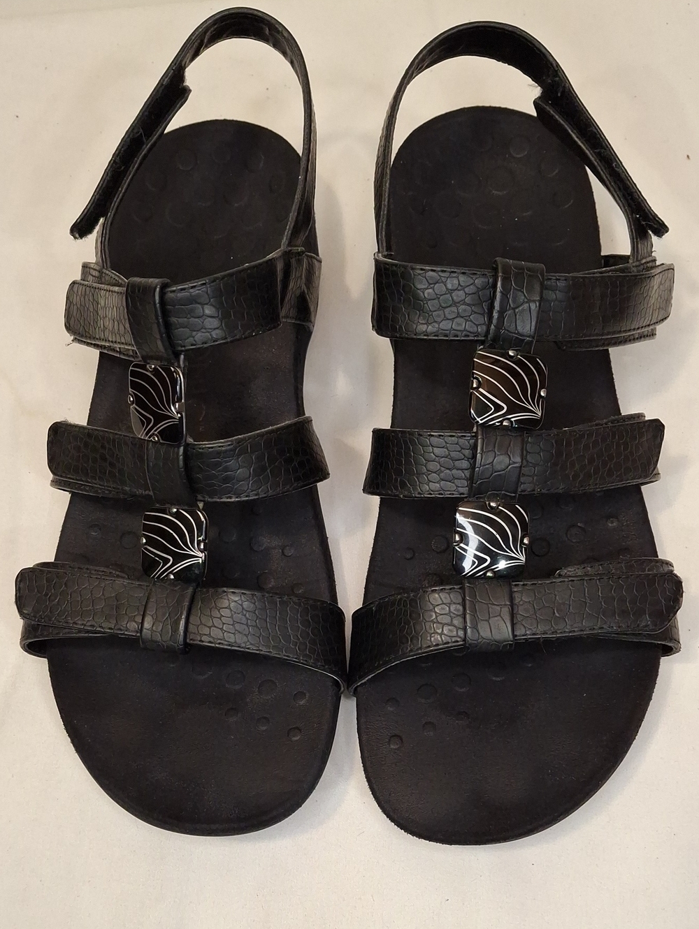 Vionic Women's Amber Black Textured Triple-Strap Adjustable Slide Sandals.
